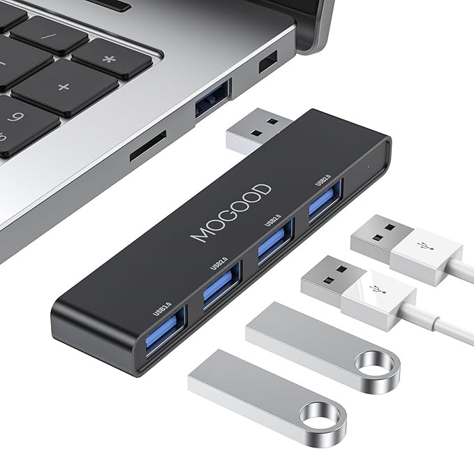 MOGOOD USB Hub 3.0, 4-Port USB Splitter – No Cable, Ultra-Slim, Adds 4 Ports to Your Laptop in Seconds – Plug & Play Data Hub for Mouse, Keyboard, Flash Drive, Printer
