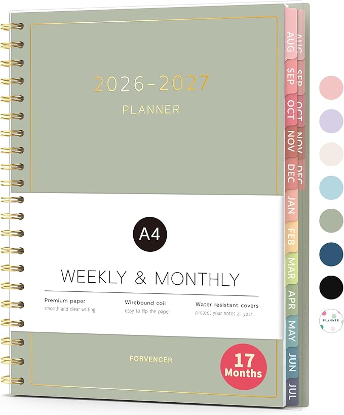 Aug 2026 - Dec 2027 Planner, Forvencer 17 Month Academic Planner 2026-2027, 8.5" x 11", Calendar Planner Weekly and Monthly, Daily Agenda Book, College School Supplies for Student Teacher, A4, Green