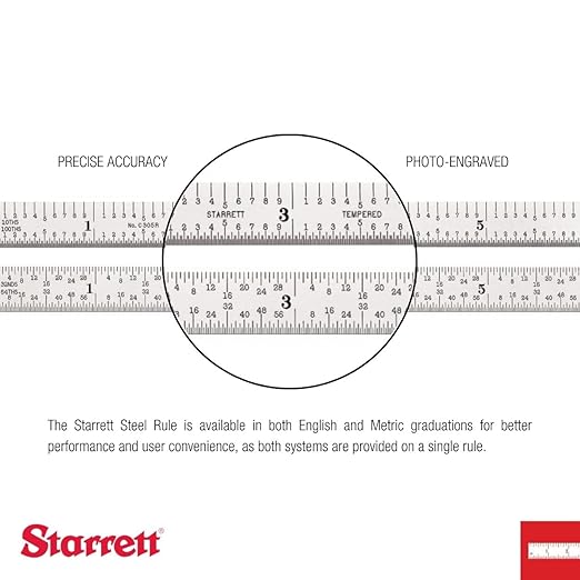 Starrett Spring Tempered Steel Rule with Satin Chrome Finish, Quick Reading, Millimeter and Inch Graduation - 19-1/2" Length, 36 Graduation Type, 1.2mm Thickness - C636-500