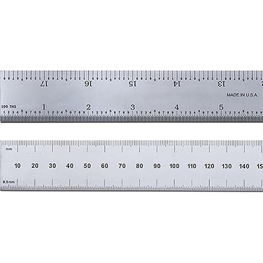 PEC Tools 6"/150mm Rigid Metal Ruler, Satin Chrome Carbon Steel Machinist Rule, Decimal & Metric Graduation (1/10", 1/100", 0.5mm, 1mm), Fully Hardened and Tempered, Made in USA