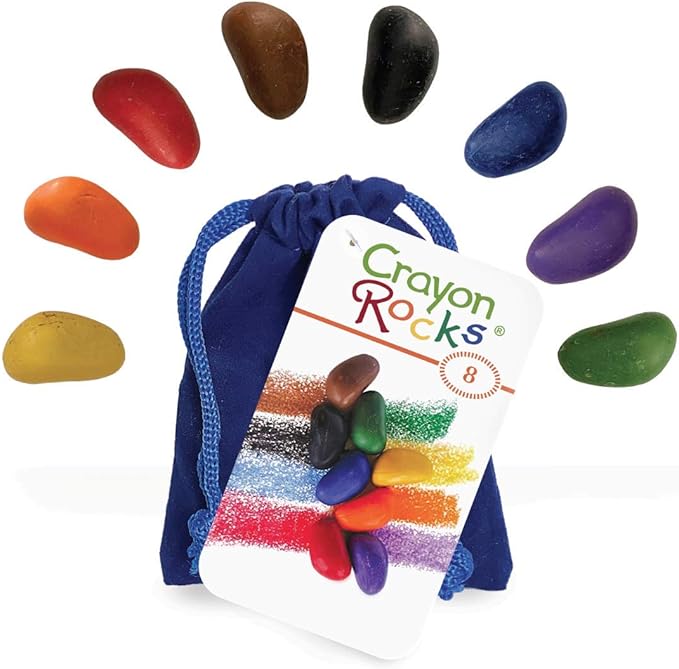 Crayon Rocks, Crayons in a Rock Shape, 8 Colors, Tripod Grip Made For Handwriting Development in Kids and Toddlers, Fun & Educational, Creative Activity, Comes in a Blue Velvet Bag