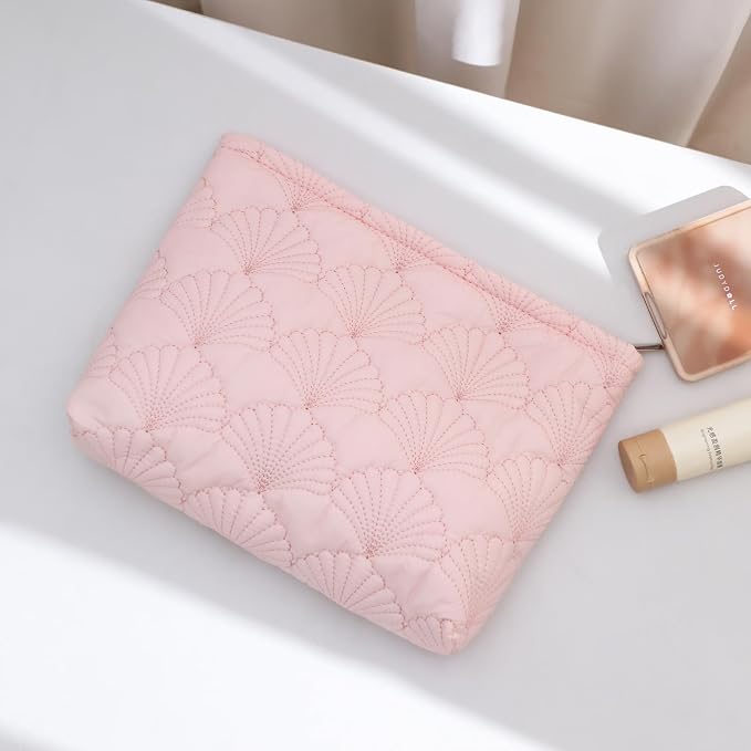 uekeboag Shells Quilted Cotton Makeup Bag,Travel Pouch(Pink) | Cotton Aesthetic Cosmetic Bag for Women,Shell Embroidery,Wedding Gifts, Bridal Gifts