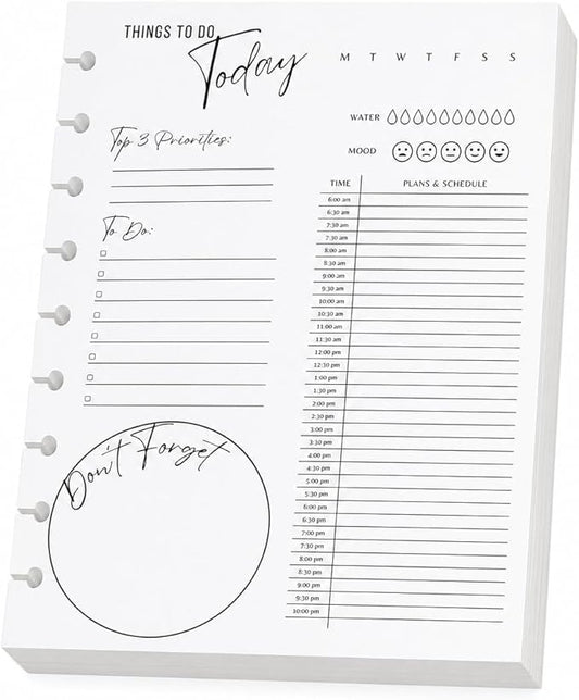 Classic 9-Disc Daily Planner Inserts, Discbound Undated Planner Refill Pages with To Do List, Hourly Schedule & Reminders, 100 Double-Sided Sheets, 100gsm White Paper, 7 x 9.25 in