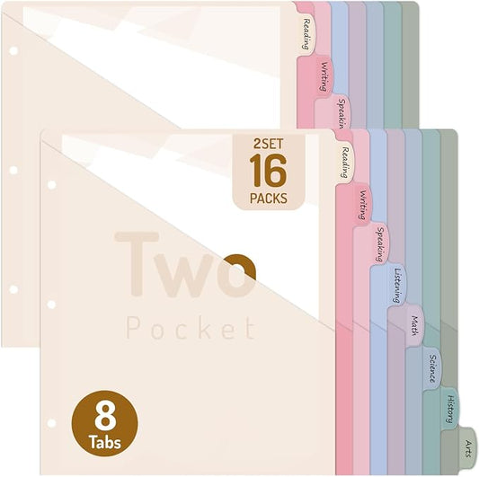 Forvencer 16 Counts Dividers with 2 Pockets, 8 Tabs Binder Dividers for 3 Ring Binder, Binder Dividers with Tabs for School Office Organization, Multicolor, Letter Size, 2 Sets