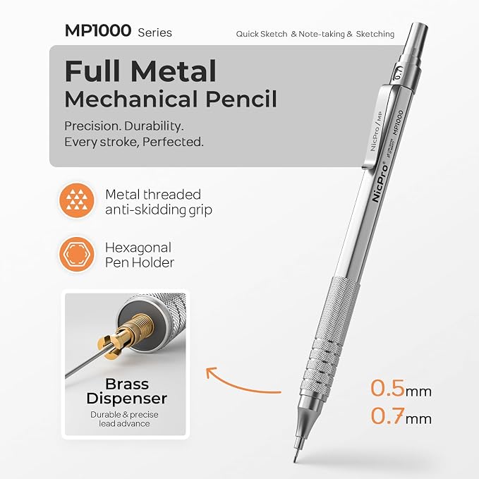 Nicpro 2 PCS Metal Mechanical Pencil 0.5mm & 0.7 mm with Case | MP1000 Pencil Set with 4 Tubes HB Lead Refills, 2 Eraser, 9 Eraser Refill For Art Writing Drafting, Sketch, College - Silver
