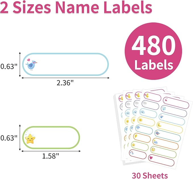 480 Pcs Labels for Kids Stuff Daycare, Waterproof Baby Name Label, Washable Bottle Labels, Reusable Self-Adhesive Tag Stickers for School Essentials, Self-Laminating Write-on (Weather)