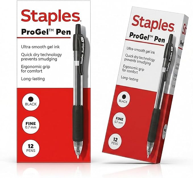 STAPLES ProGel™ Retractable Gel Pen, Fine Point, 0.7mm, Black Ink, 2/Packs