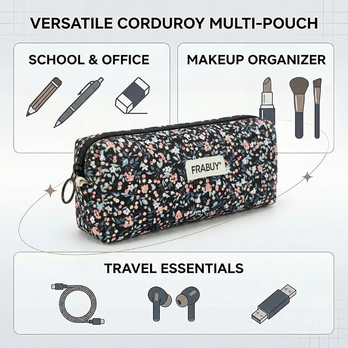 Soft Corduroy Pencil Case Pen Pouch Organizer, Small Stationery Bag | Black small floralzipper pencil pouch, smooth zipper, daily cosmetics holder, compact organizer for school teen girls, women