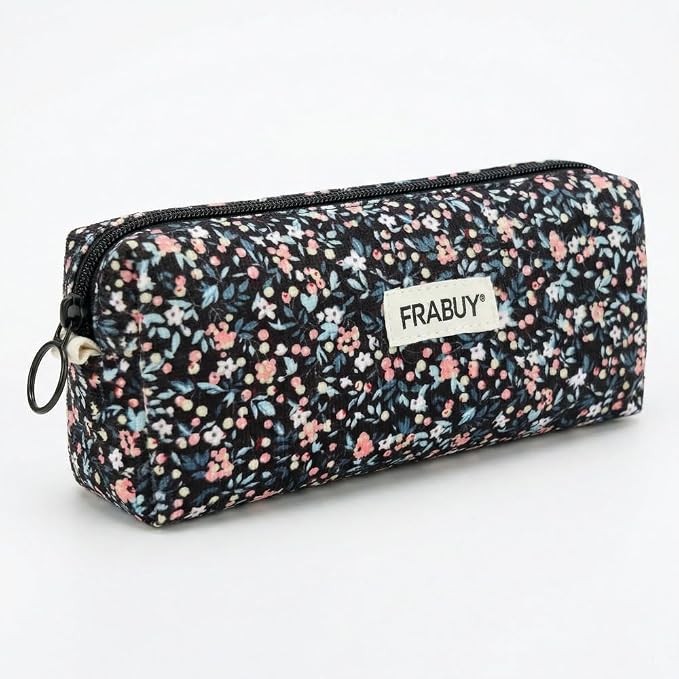 Soft Corduroy Pencil Case Pen Pouch Organizer, Small Stationery Bag | Black small floralzipper pencil pouch, smooth zipper, daily cosmetics holder, compact organizer for school teen girls, women