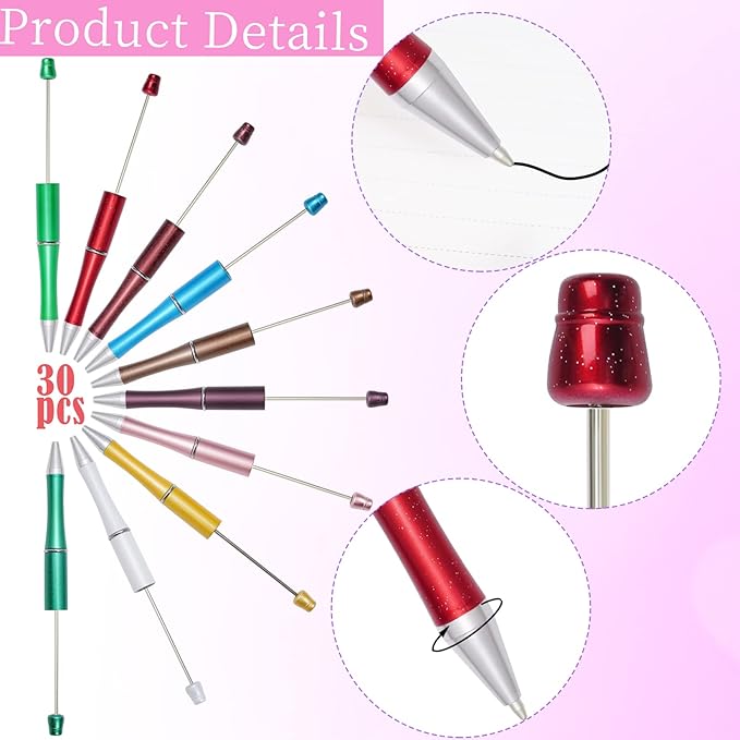 jiebor 30Pcs Beadable Pens Plastic Bead Ballpoint DIY Cute Cool Pens Black Ink for Women Men Bridal Graduation Gift Office Supplies Bright Color