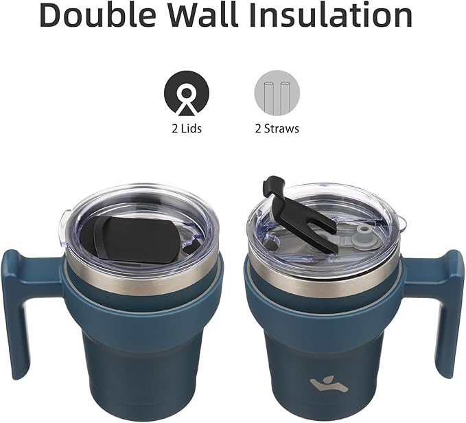 Konokyo 10 oz Tumbler with Handle and 2 Straw 2 Lid, Insulated Water Bottle Stainless Steel Vacuum Cup Reusable Travel Mug, Navy Blue