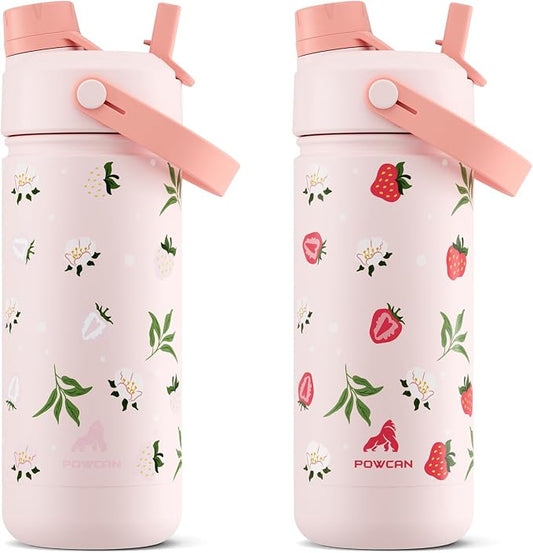 18 oz Kids Water Bottle: UV-Activated, Leakproof, 2-in-1 Straw Spout Lid, BPA-Free, Easy Carry, Keep Cold 24H, Insulated Stainless Steel Cup for Sports, Camping, Gift, Home (Sun-Kissed Strawberry)