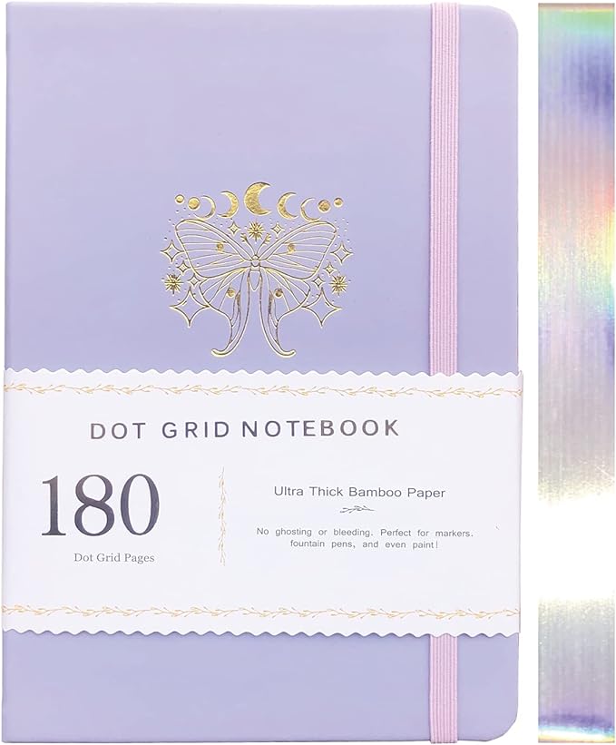 BUKE Dotted Notebook Journal 180GSM Bamboo Thick White Paper 160 Pages 5 * 5MM Dot Grid, Lay Flat Binding,Colored Silver Edges, Bookmarks and Expandable Back Pocket (BKP-5)