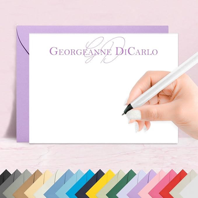 Personalized Stationery Note Cards with Envelopes – Custom Minimalist Thank You Cards, 12 Flat Note Cards & Colored Envelopes – Crush-Resistant Packaging - Folded Cards Option (Thin Initial Behind)
