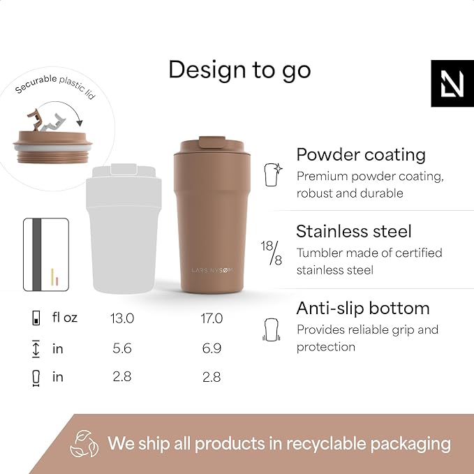 LARS NYSØM Thermo Coffee Mug to go 17oz | Travel Mug 0.5 Liter with Insulation | Silicone grip base | Leak Proof Stainless Steel Tumbler for Coffee and Tea on the Go (Powder Mocha Brown, 17oz)