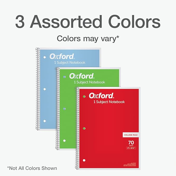 Oxford 1-Subject Notebooks, Notebooks for School, 8 x 10.5 Inches, College Rule, 70 Sheets, Assorted Primary Colors, Colors May Vary (1006792), (Pack of 24)