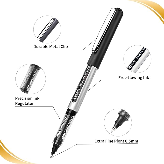 EYEYE Rollerball Pens 0.5mm, 6 Black 6 Blue Roller Ball Pen Extra Fine Point Quick Dry, Liquid Ink Pens Fine Point Smooth Writing Pen for Journaling, Note Taking, Office, School Supplies