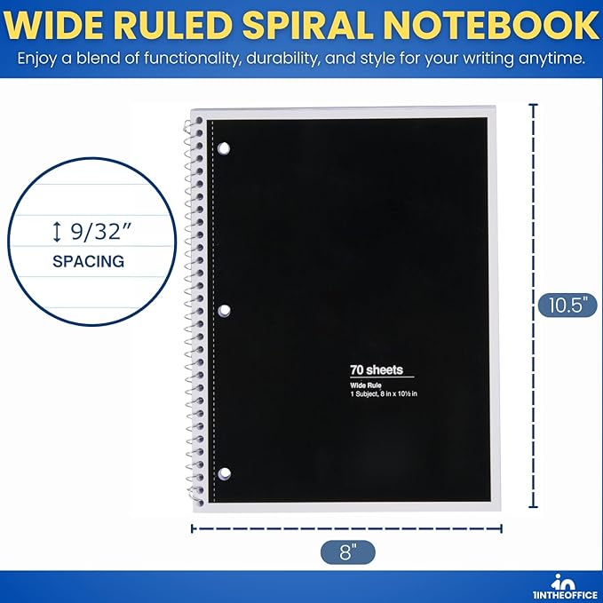 1InTheOffice Spiral Notebook Wide Ruled 8 x 11, 1-Subject College Ruled Notebooks, Wirebound Spiral Notebooks, Assorted Colors, 70 Sheets, (8 Pack)