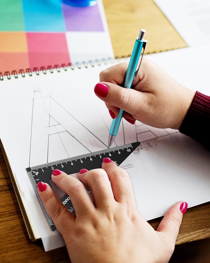 Honagu Triangular Ruler Set, 4 PC Metal Drafting Ruler, Geometric Protractor, Measuring Drawing Tool for Students, Teachers, Draftsmen, Engineers, Home School Office Supplies (15cm/5.9inches, Black)