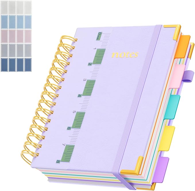 XYark A5 Hardcover Spiral Notebook, 6.3"x8.5" College Ruled Notebooks with Removable Divider Tab & Ruler, 5 Subject Notebook 300 Pages, Small Lined Journal for Women School Work Office, Light Purple