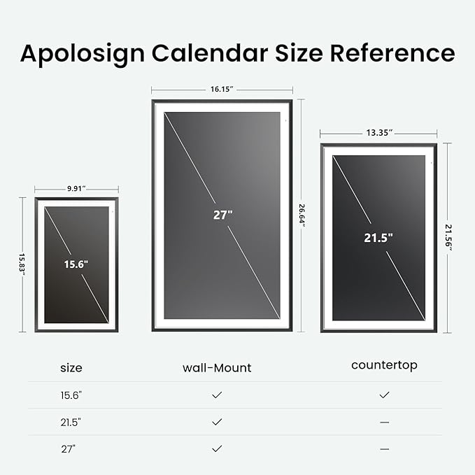 Apolosign 15.6-inch Digital Calendar : Dual Mode Smart Wall Planner, No Subscription, Install Apps, Sync Calendars, Electronic Touchscreen Interactive Display for Family Schedules, Chore Chart - with Stand (Black)
