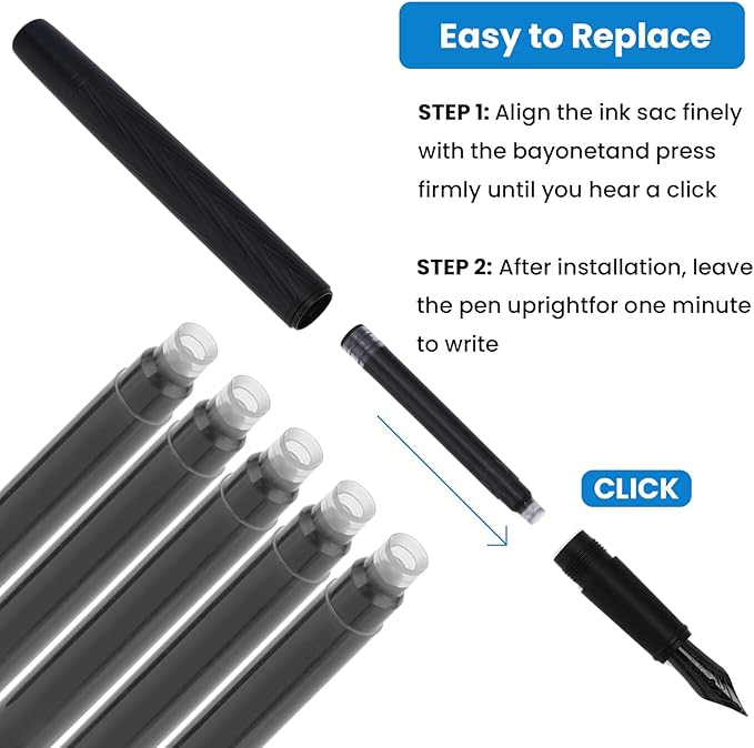 Amaxiu 50 Pcs Balck Fountain Pen Ink Cartridges, Fountain Pen Ink Refills Compatible with 2.6 mm Bore Diameter Calligraphy Pen Fountain Pen(2.6mm)