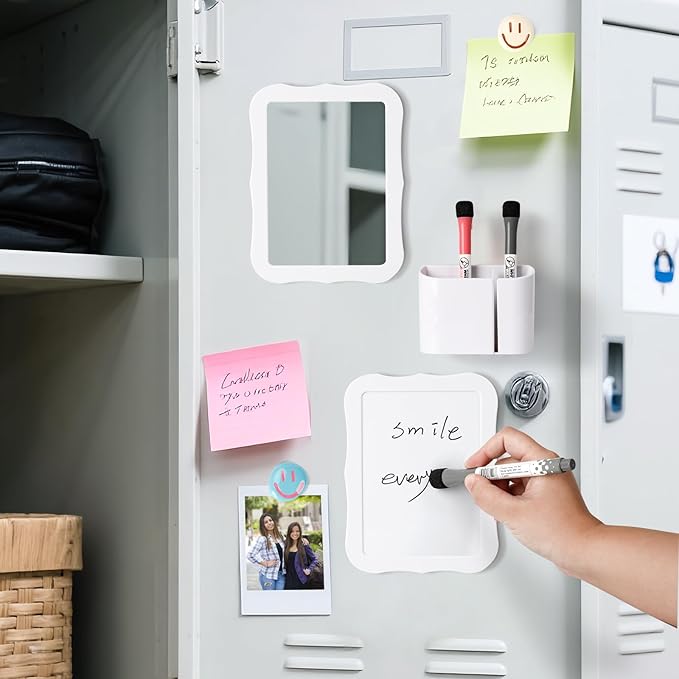 Locker Accessories for Girls Boys with Locker Mirror, Magnetic Whiteboard, Cute Smiley Face Magnets, Back-to-School Locker Decorations, Ideal for Office School Locker (White Locker Decor Set)