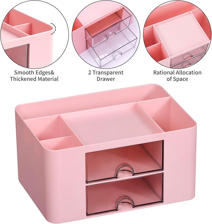 Pink Desk Organizers and Accessories 12+1Pcs, Office Supplies for Desk, Pen Organizer with 2 Drawers with Stapler,1000 Staples, Phone Holder, Tape Dispenser, Pen Holder, Sticky Note, Clips, Ruler,Etc