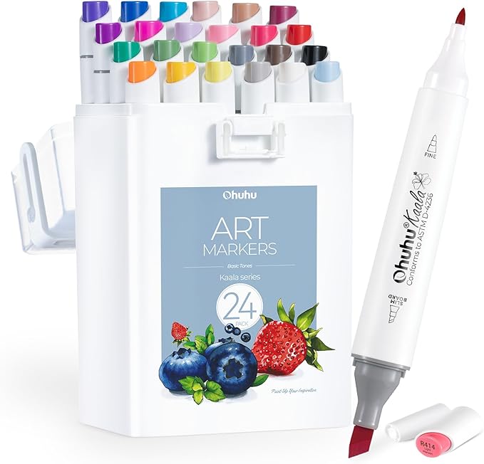 Ohuhu Alcohol Markers - Double Tipped Art Marker Set for Artists Adult Coloring - Alcohol-based Refillable Ink - 24 Basic Colors - Slim Broad & Fine Dual Tips - Kaala Markers Pen Gift