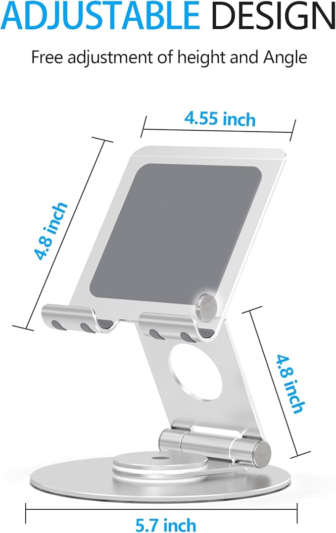Swivel Tablet Stand, Aluminum Portable 360°Rotating Adjustable Tablet Holder for All 4-12.9’’ iPad Surface Samsung Phone Tablet Kindle E-Reader and More(Silver)