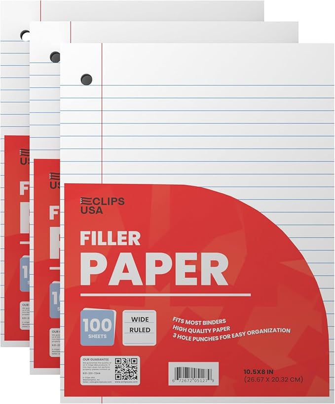 Wide Ruled Loose Leaf Paper Wide Ruled Notebook Paper Lined Writing Filler Paper 10.5” x 8” 56 gsm 300 Sheets 100 Sheet Per Pack (3 Pack)