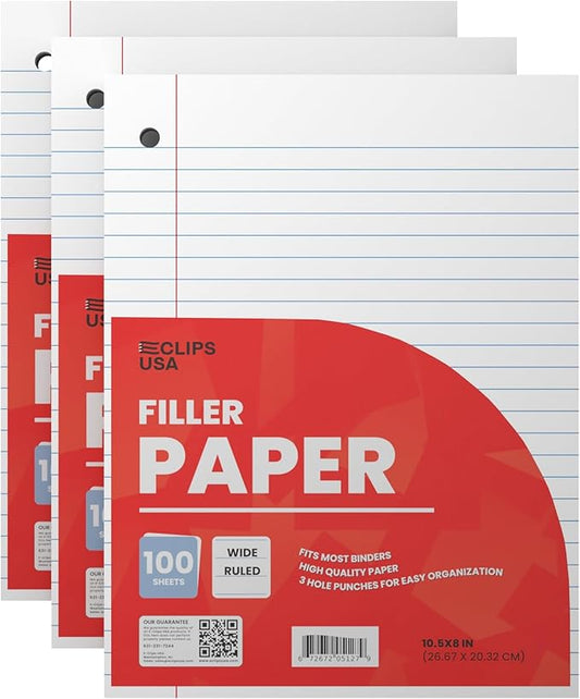 Wide Ruled Loose Leaf Paper Wide Ruled Notebook Paper Lined Writing Filler Paper 10.5” x 8” 56 gsm 300 Sheets 100 Sheet Per Pack (3 Pack)