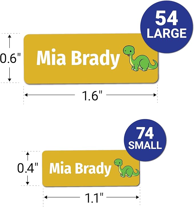 Kids Personalized Name Labels for School, Camp, Daycare (128 Labels) Custom Peel and Stick Waterproof Name Tags Stickers for Water Bottles, Lunch Boxes, Clothing, School Supplies (Dinosaur)