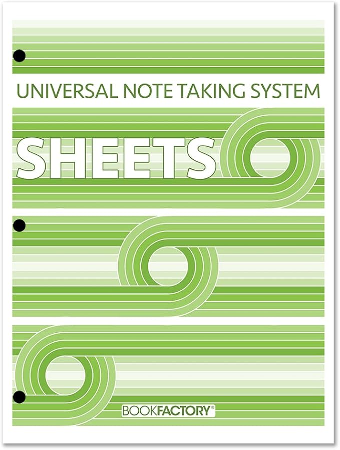 BookFactory Universal Note Taking System (Cornell Notes) / Sheets for 3 Ring Binders - 100 Sheets, 8 1/2'' x 11'' - 3 Hole Punched Loose Leaf Sheet Format (Made in USA)