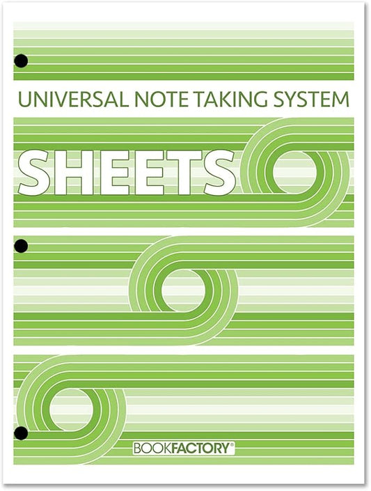 BookFactory Universal Note Taking System (Cornell Notes) / Sheets for 3 Ring Binders - 100 Sheets, 8 1/2'' x 11'' - 3 Hole Punched Loose Leaf Sheet Format (Made in USA)