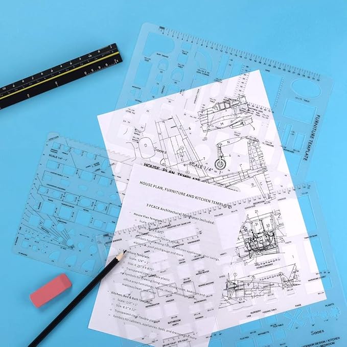 Sooez Architectural Templates, House Plan Template, Interior Design Template, Furniture Template, Drawing Template Kit, Drafting Tools and Supplies, Template Architecture Kit, Set of 3, Yellow