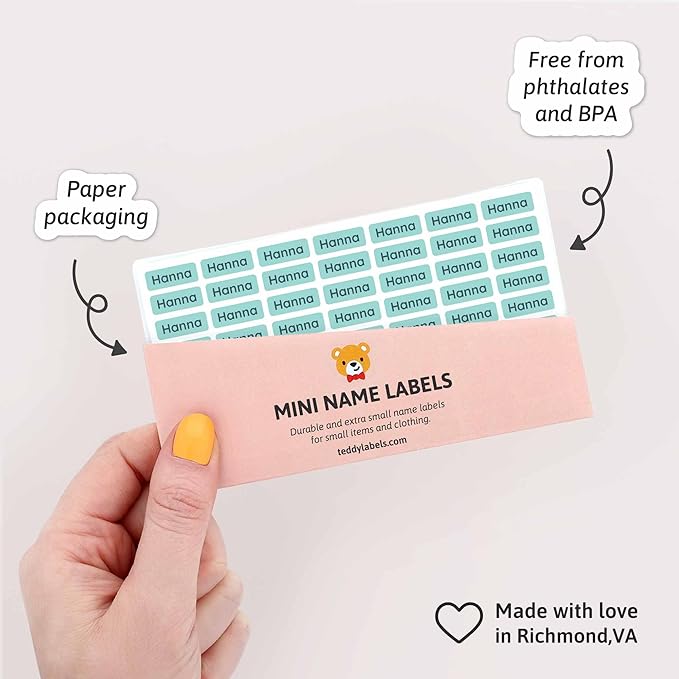 Mini Name Labels (175) - Custom Personalized Name Labels for Labeling Tiny Items, Washer and Dryer-Safe Waterproof Labels for Daycare, Preschool, and School - Turquoise