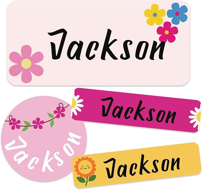 Daycare Name Labels for Kids, 360pcs Waterproof & Removable Name Stickers for Water Bottles, Lunch Boxes and School Daycare Name Tag (Flower)