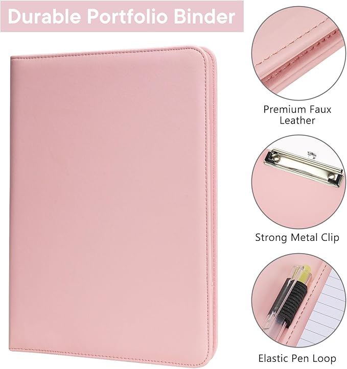 Professional Padfolio with Clipboard, Faux Leather Portfolio Folder Binder, 8.5 x 11 Legal Pad Holder for Letter Size Notepad, Resume, Writing Pad, Ideal Organizer for Business Office Conference, Pink