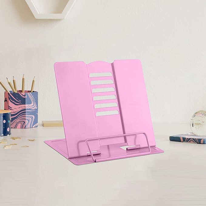MSDADA Small Desk Book Stand Metal Reading Rest Book Holder Adjustable Cookbook Documents Holder Portable Sturdy Bookstands for Recipes Textbooks Tablet Music Books(Pink