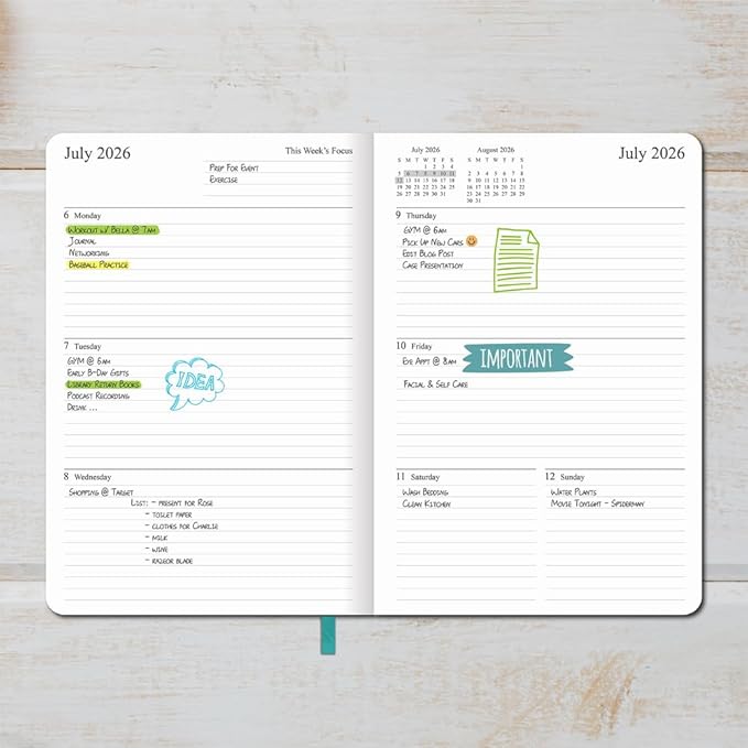 26-27 Academic Planner - Weekly and Monthly Planner, Jul 2026 - Jun 2027, Holidays, Contacts and Notes Pages, Vegan Leather Cover, Elastic Closure, 5.5”x8.25”, Teal