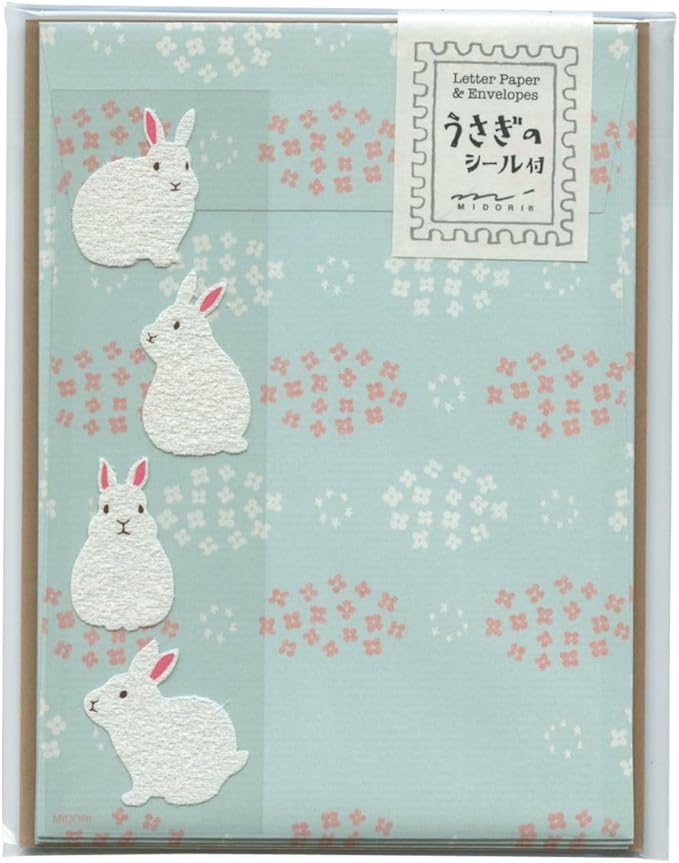 Midori 86638006 Letter Set with Stickers, 12 Stationery Notes, 4 Envelopes, Rabbit Pattern B