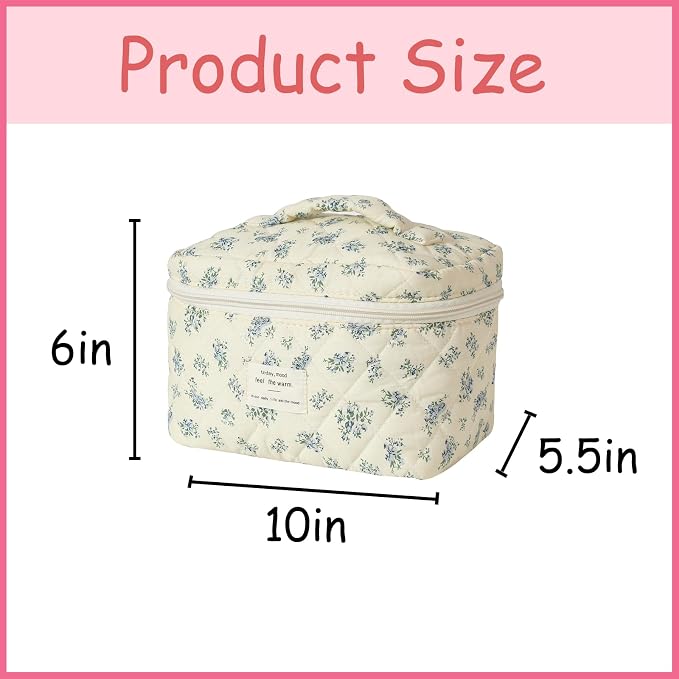 uekeboag Large Travel Quilted Makeup Bag for Women | Soft Floral Cotton Cosmetic Bag, Foldable Coquette Aesthetic Toiletry Organizer