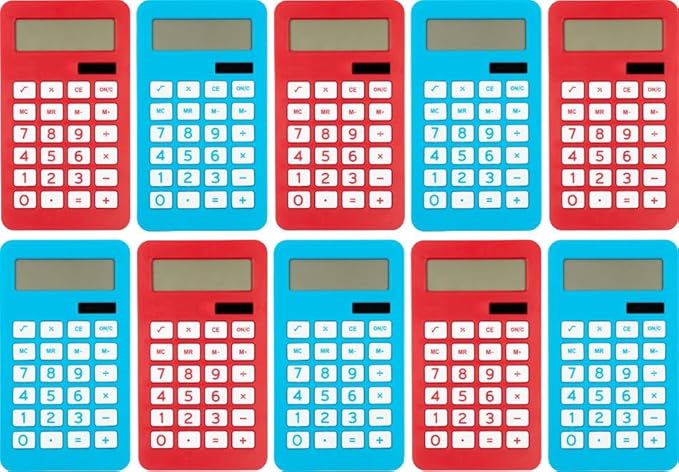 JAM PAPER Desktop Calculator - 10 Digit LCD Display - 3 3/4 x 6 3/4 Inches - Red & Blue Combo - Bulk 10/Pack