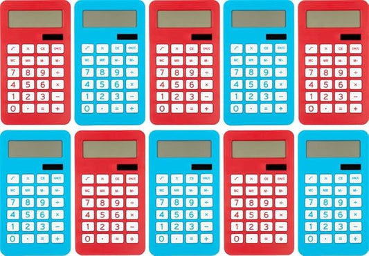 JAM PAPER Desktop Calculator - 10 Digit LCD Display - 3 3/4 x 6 3/4 Inches - Red & Blue Combo - Bulk 10/Pack