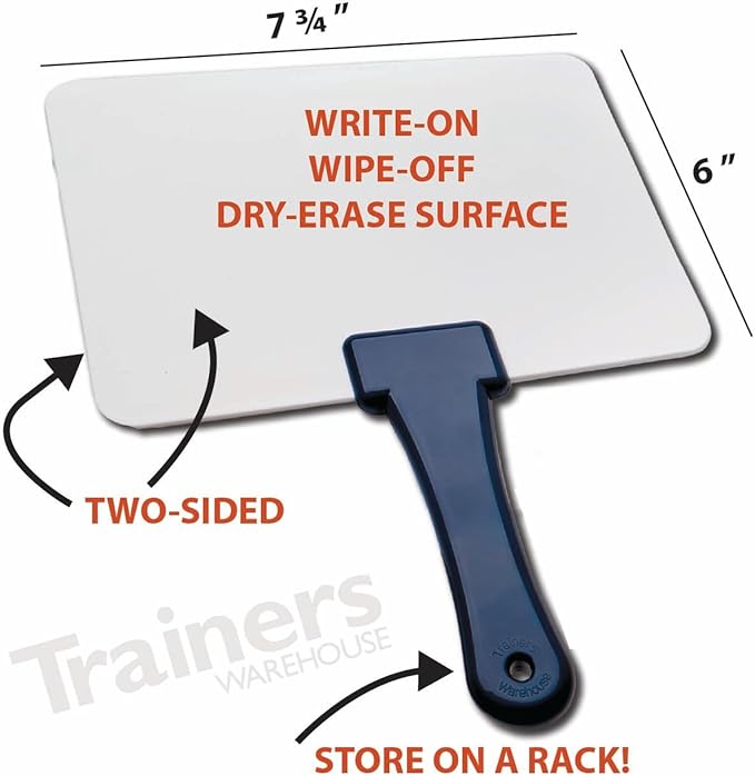 Trainers Warehouse Deluxe Whiteboards Combo Set: 30 Two-Sided Dry-Erase Answer Boards with Tote Bag & Mini Erasers | Sturdy, Easy-to-Hold & Clean, Blue Handles (6" x 7.75")