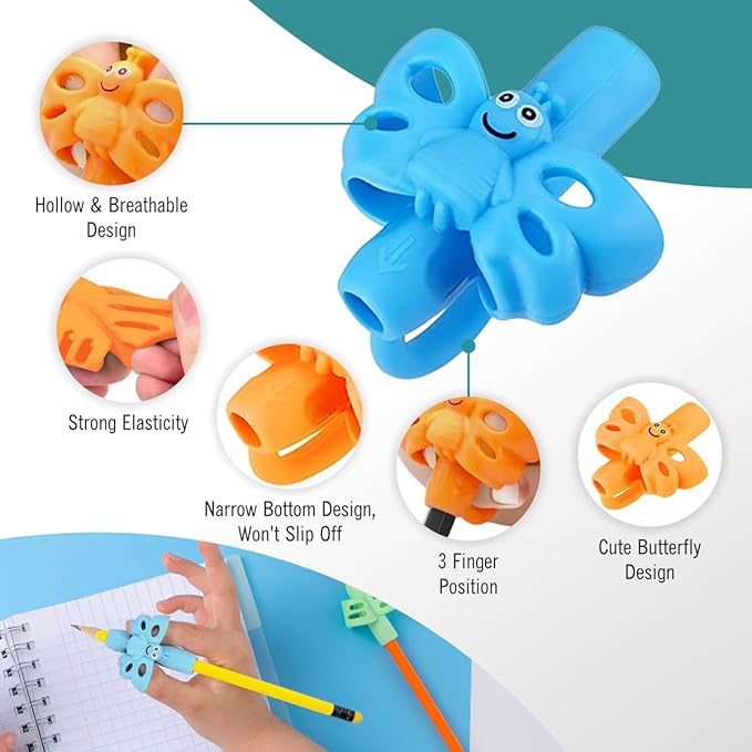 Pencil Grips for Kids Handwriting, 6 Pack Ergonomic Children Writing Aid, Training Posture Correction Tool, Pen Gripper, Cute Butterfly Shape Design for Kids and Preschoolers