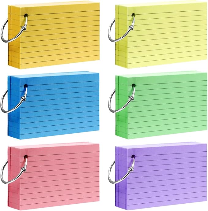 Tecmisse 600 Pieces Index Cards Rulded, Colorful Flash Cards 3 x 5 Index Card with Rings, Heavy Study Cards, Note Cards Punched for School Learning, Office and Home Uses (6-Color Thickened)