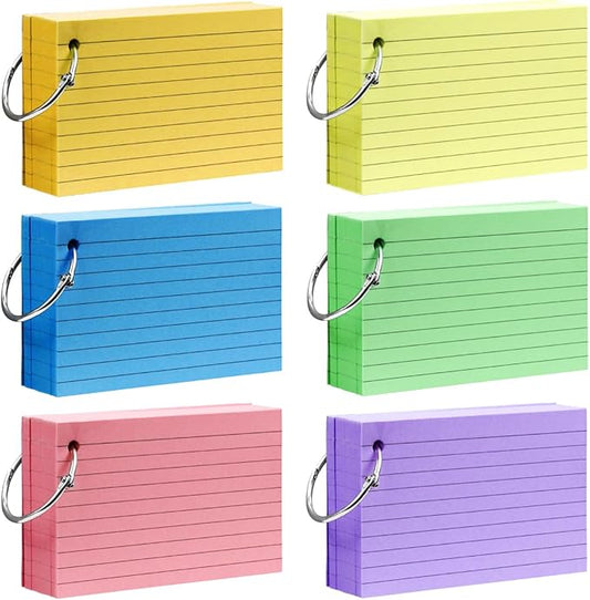 Tecmisse 600 Pieces Index Cards Rulded, Colorful Flash Cards 3 x 5 Index Card with Rings, Heavy Study Cards, Note Cards Punched for School Learning, Office and Home Uses (6-Color Thickened)