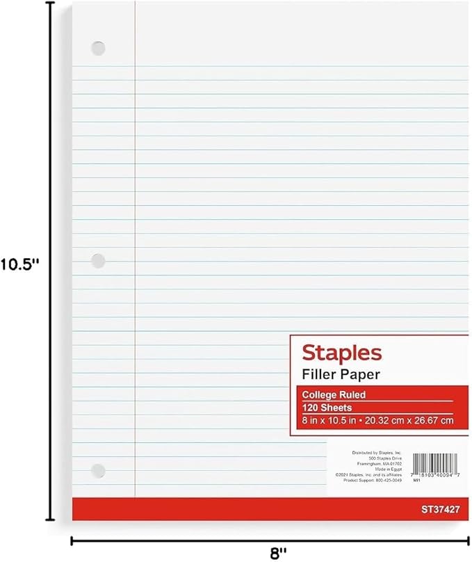 STAPLES College Ruled Filler Paper, 8” x 10.5”, White, 360/Carton